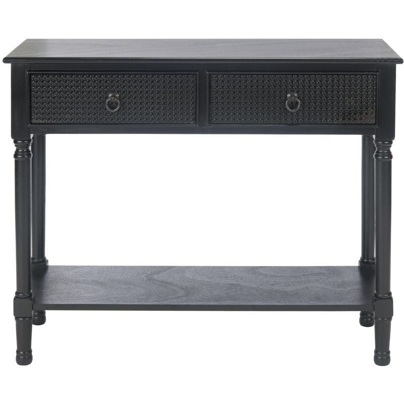 Elegant Black Metal and Wood Console Table with Carved Storage Drawers