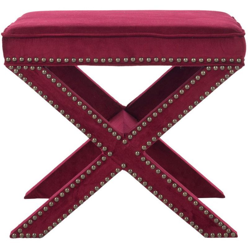 Palmer Red Velvet Ottoman with Brass Nailhead Trim