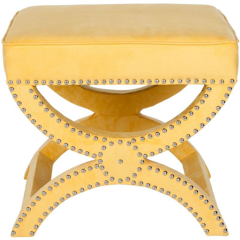 Mystic Yellow Velvet Footstool with Silver Nail Heads