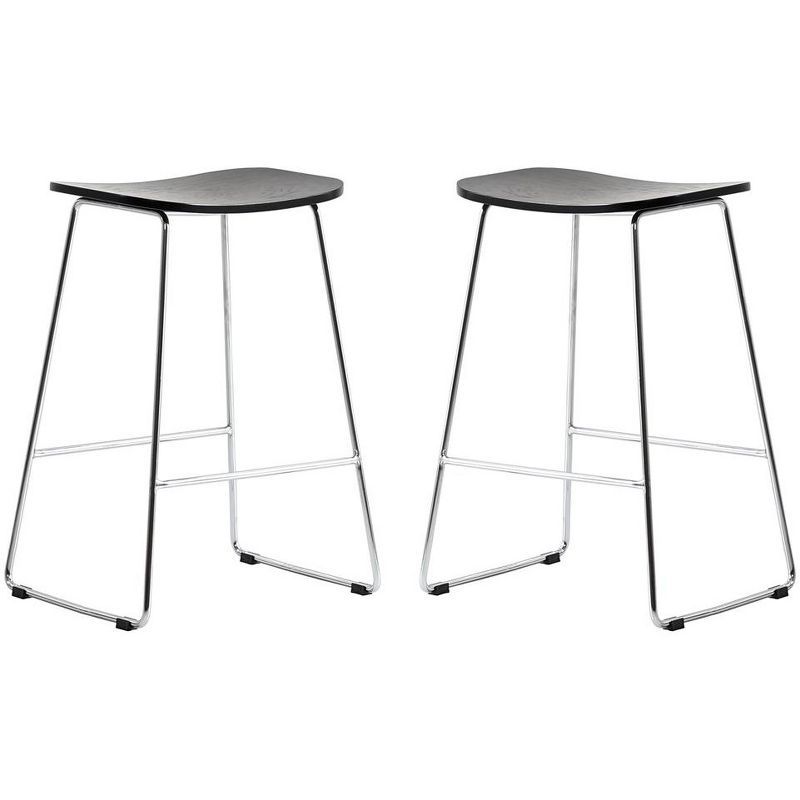 Melrose Black Wood Saddle Style Counter Stools with Chrome Iron Base, Set of 2