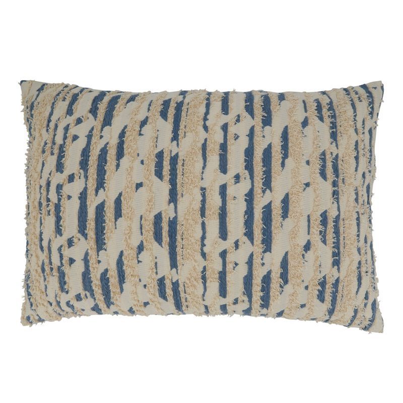 Blue and Beige Textured Cotton Lumbar Throw Pillow 16"x24"