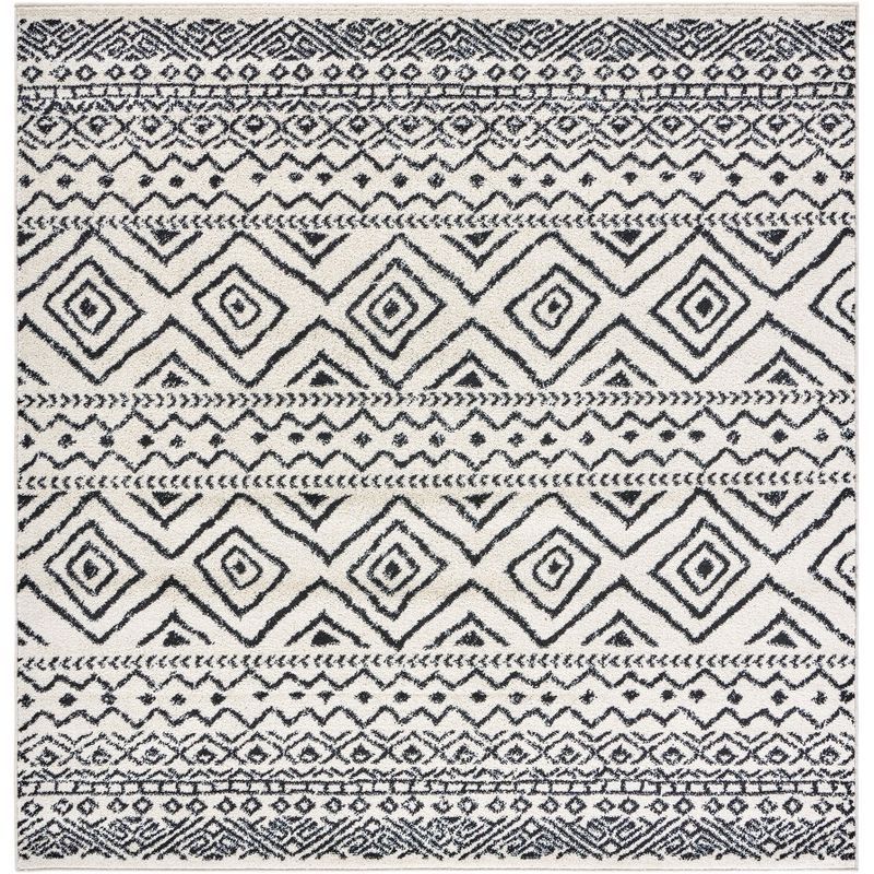 Boho-Chic Ivory & Black Hand-Knotted Square Synthetic Rug