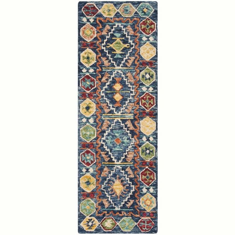 Handmade Aspen Geometric Navy Wool Runner Rug 27"x5"