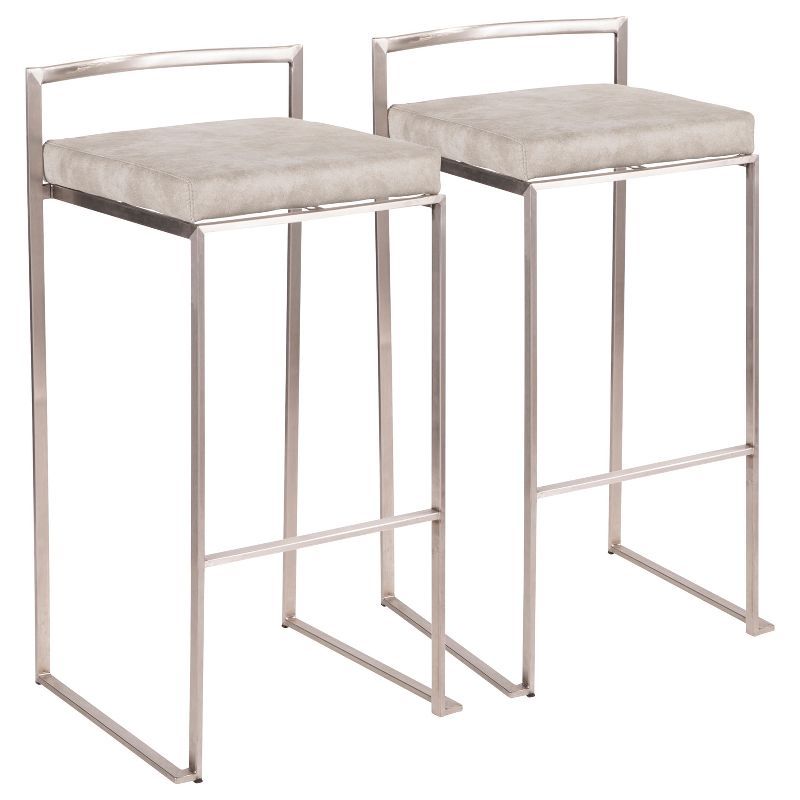 Set of 2 Fuji 30" Contemporary Light Grey Leather Barstools