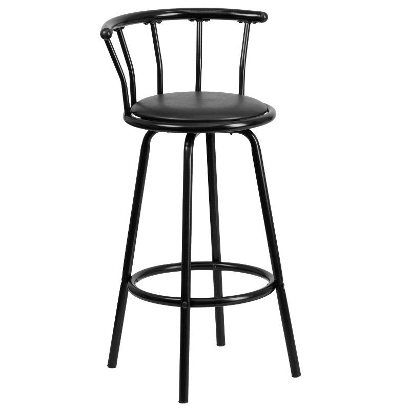 Elegant Crown Back Black Leather Swivel Barstool with Metal Frame