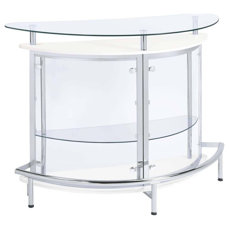 White and Chrome Glass Top Freestanding Home Bar Cabinet