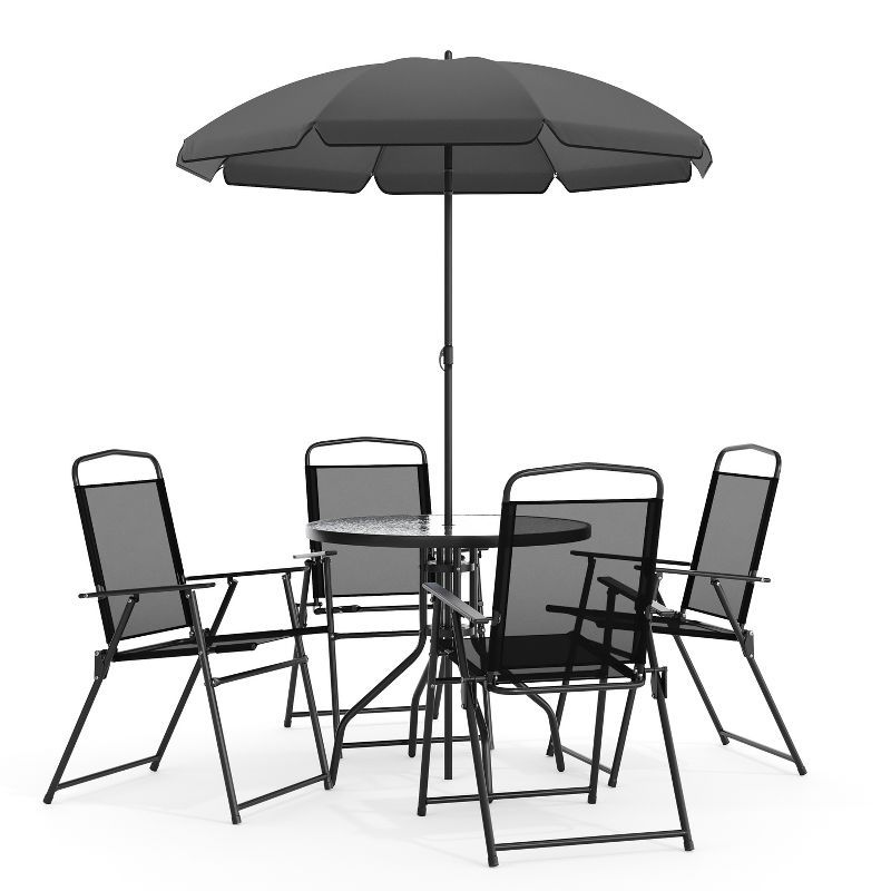 Nantucket 6-Piece Black Steel Patio Furniture Set with Umbrella