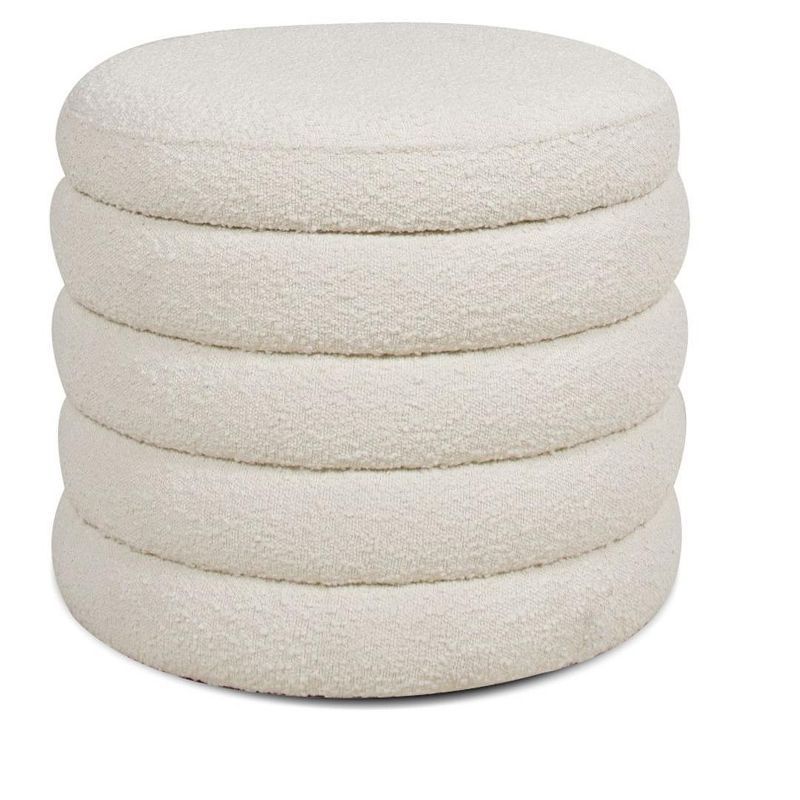 Ivory White 19" Round Boucle Storage Ottoman