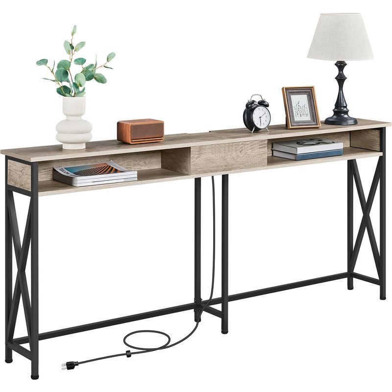 Gray 71-Inch Wood and Metal Console Table with Storage and Power Outlets