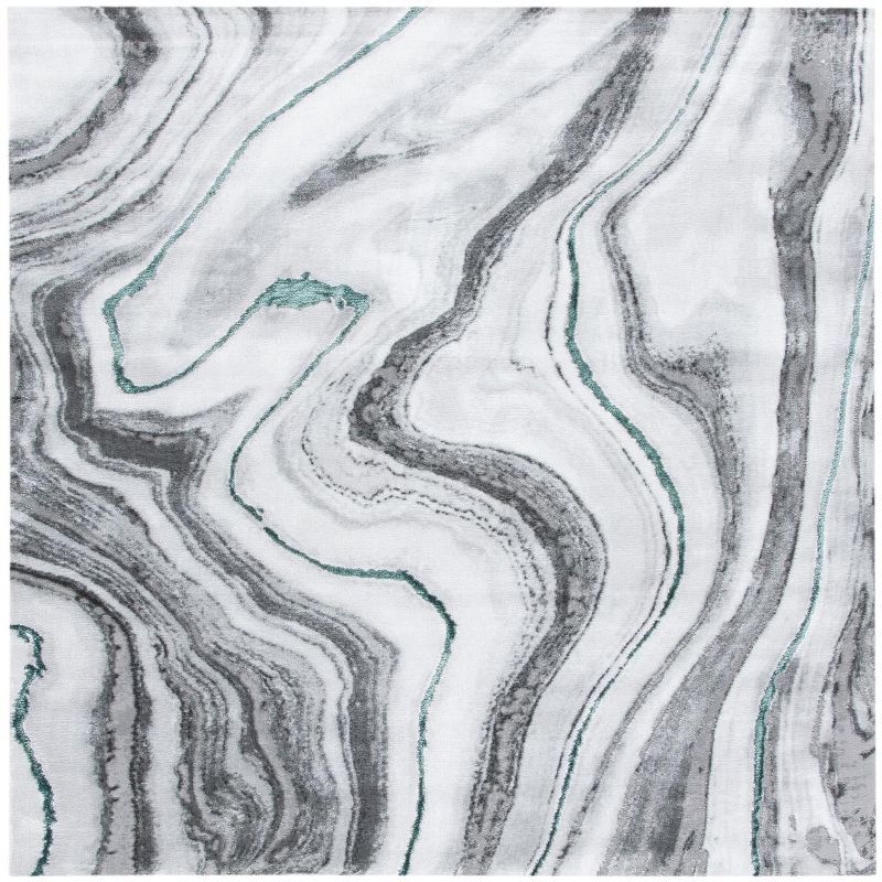 Grey and Green Abstract Hand-knotted Square Area Rug