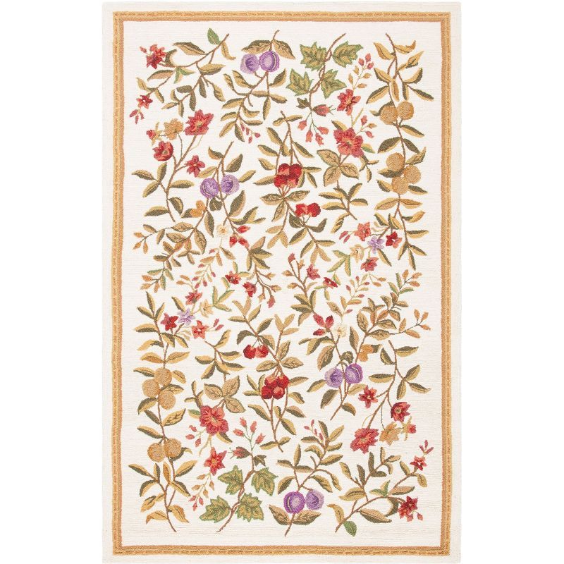 Ivory Floral Hand-Hooked Wool 6' x 9' Area Rug