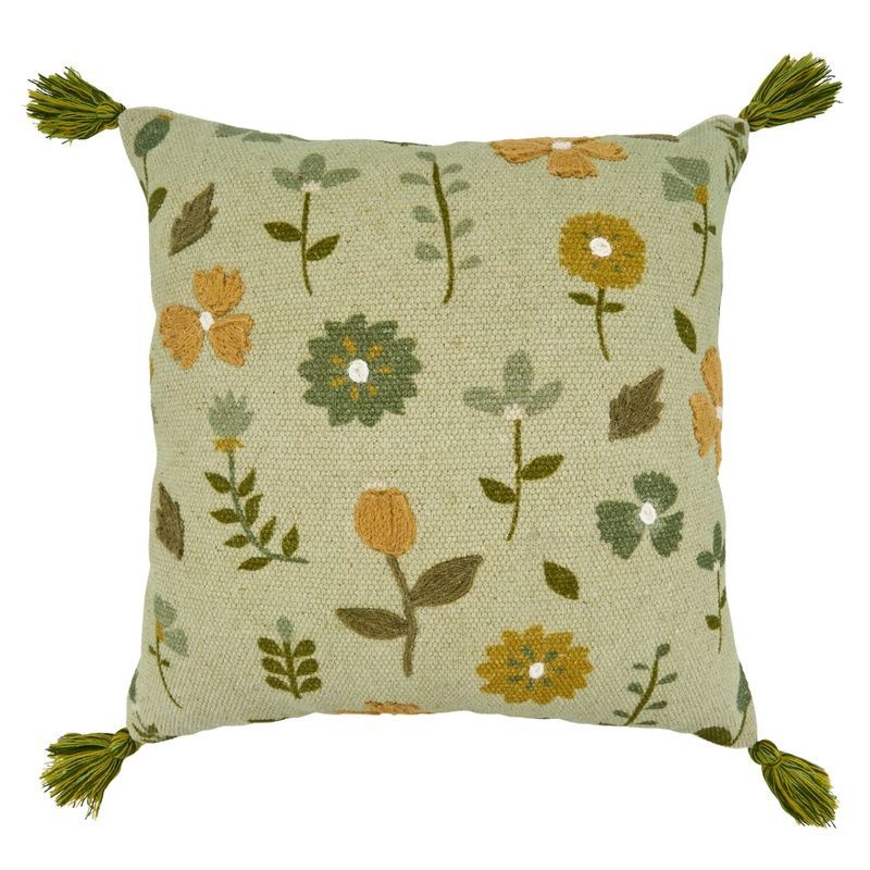 Green Cotton Embroidered Floral Throw Pillow Cover with Tassels