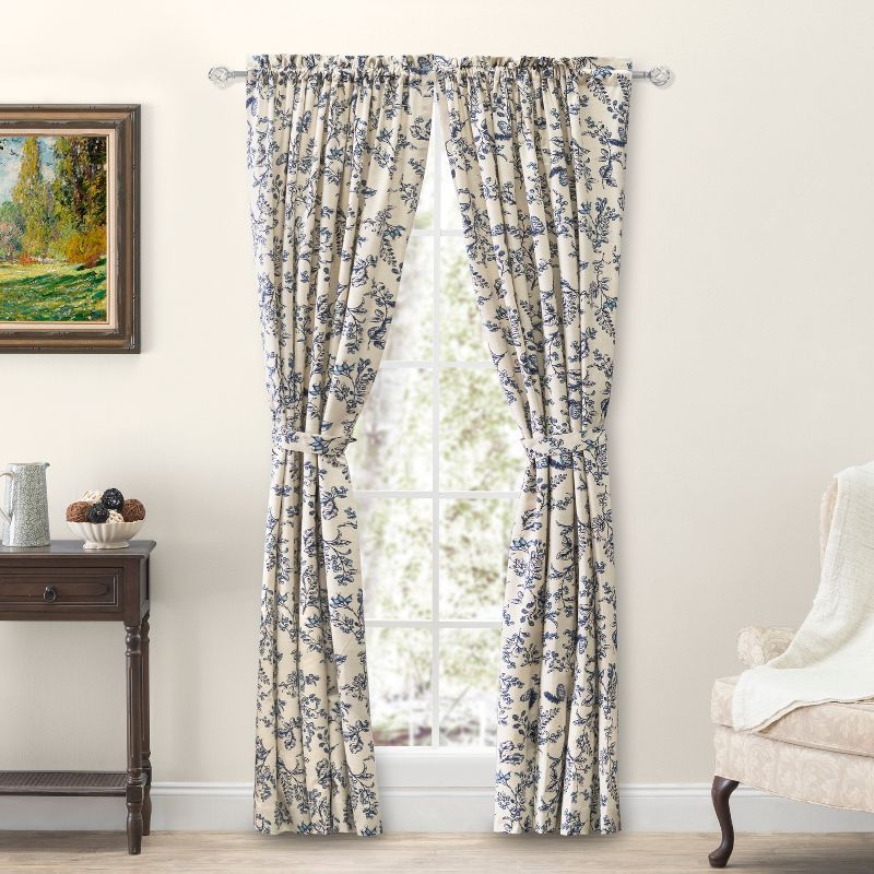 Indigo Floral Cotton Linen Rod Pocket Window Panel Pair