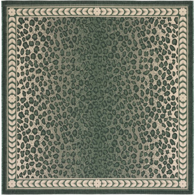 Reversible Dark Green and Ivory Synthetic Square Rug