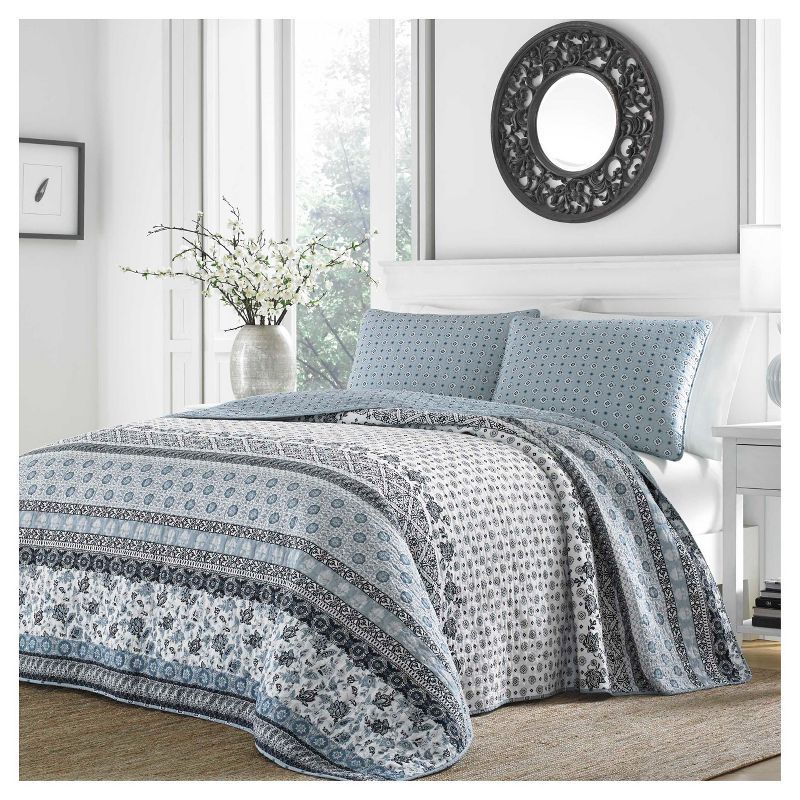 Blue Cotton King Reversible Quilt Set