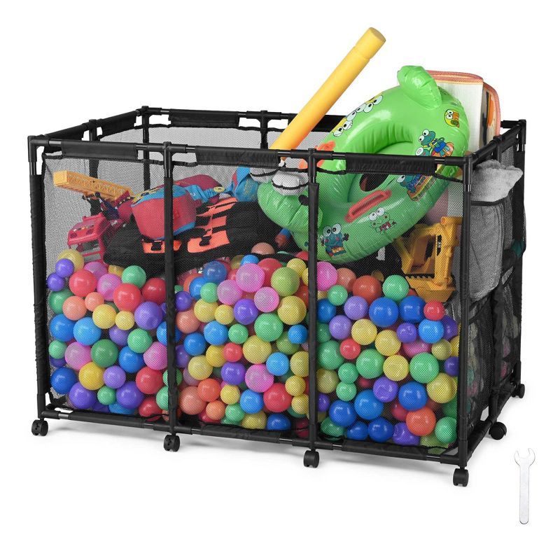 Black Metal Frame Rolling Mesh Pool Storage Bin with Wheels