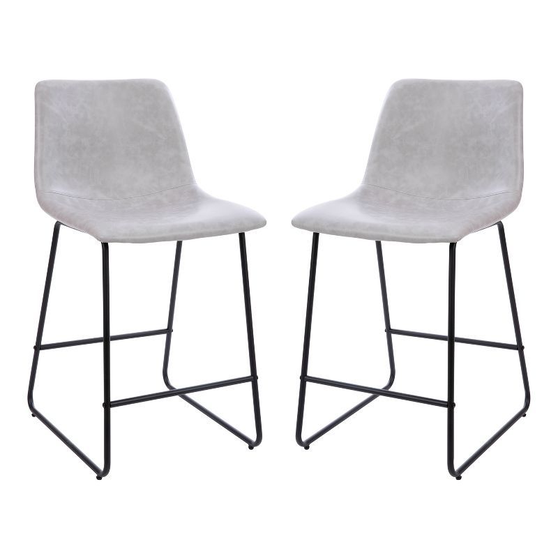 Adjustable Light Gray Leather & Metal Dining Stools, Set of 2