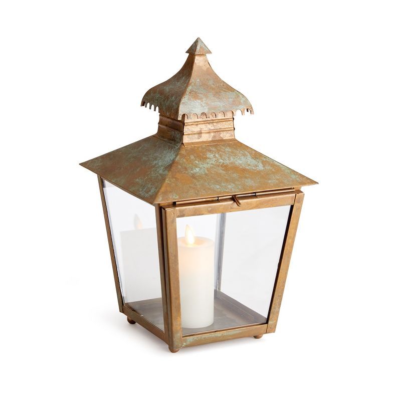 Patina Iron and Glass Hanging Candle Lantern, 12.5"