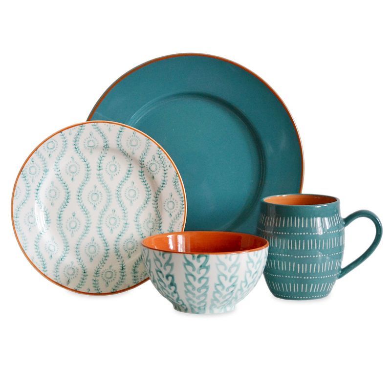 Turquoise Glazed Ceramic 16-Piece Dinnerware Set with Trim Embellishment