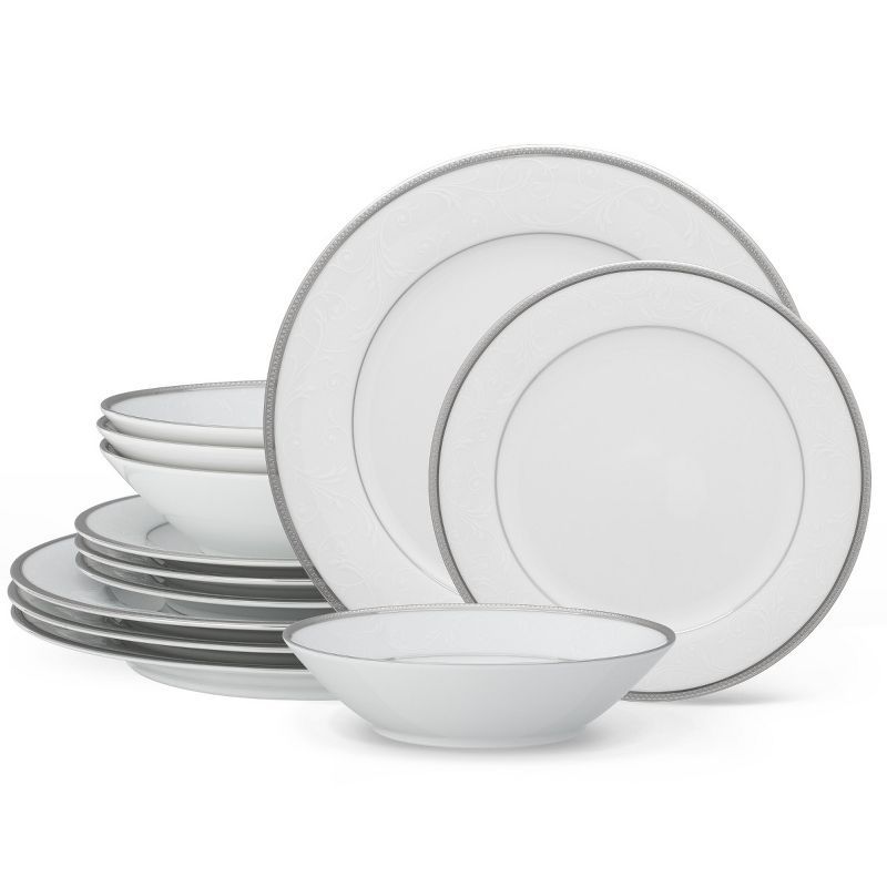 White Porcelain 12-Piece Dinnerware Set with Platinum Band