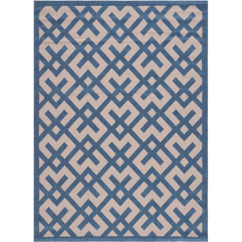 Beige and Blue Geometric Synthetic Indoor/Outdoor Area Rug