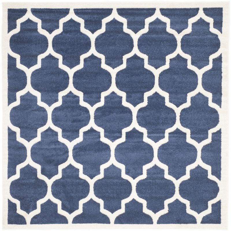 Navy and Beige Geometric Easy-Care Synthetic 7' Square Rug