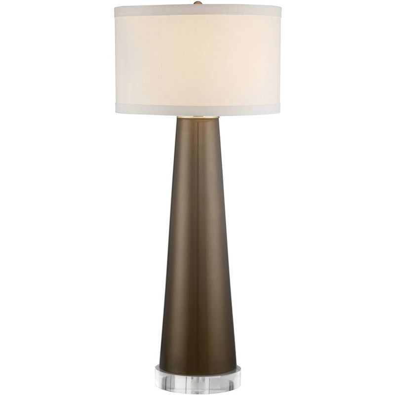 Tall Dark Gold Glass Table Lamp with Clear Round Riser and Off-White Shade