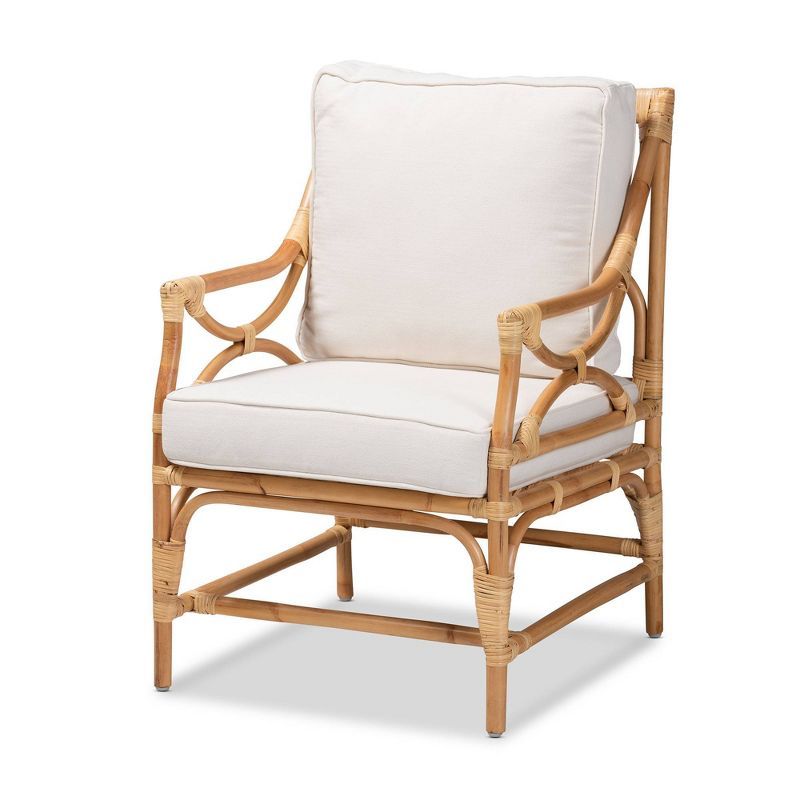 Natural Brown Rattan Armchair with White Cushions