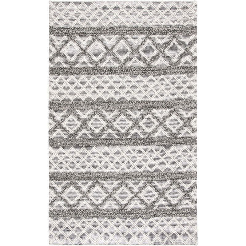 Ivory and Dark Grey Handwoven Wool Geometric 4' x 6' Area Rug