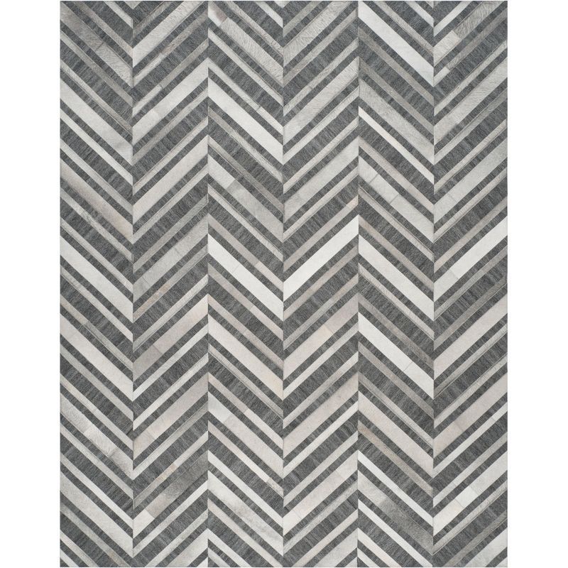 Ivory and Dark Grey Geometric Cowhide Area Rug, 8' x 10'