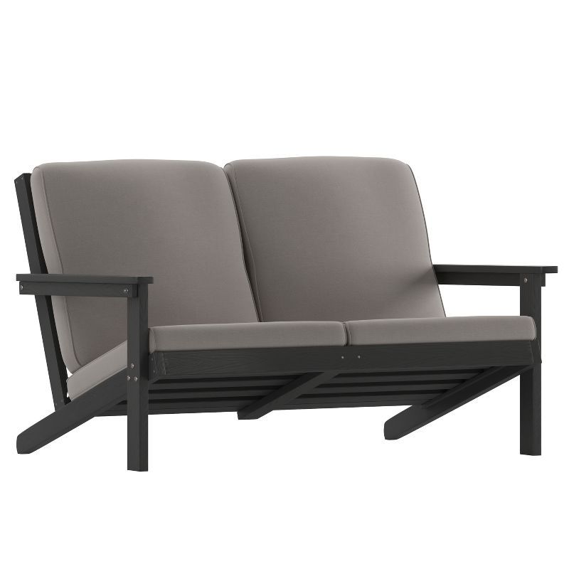 Black Poly Resin Wood Adirondack Patio Loveseat with Cushions