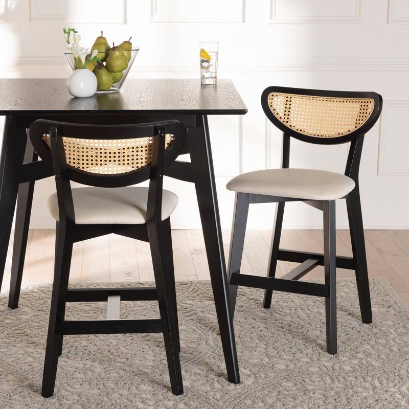 Mid-Century Cream Fabric and Black Oak Counter Stools, Set of 2