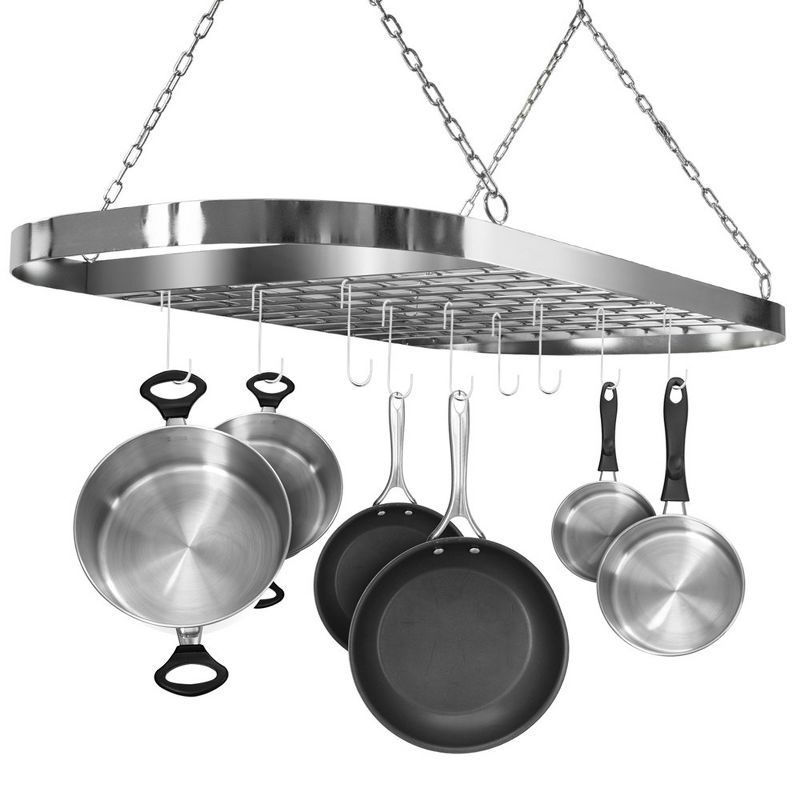 Chrome Oval Ceiling Mounted Pot and Pan Rack with Hooks