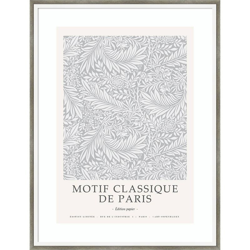 Gray and White Vintage Parisian Leaf Pattern Framed Print