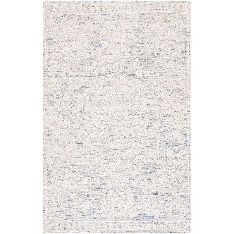 Ivory and Blue Handmade Wool Abstract Tufted Area Rug, 8' x 10'