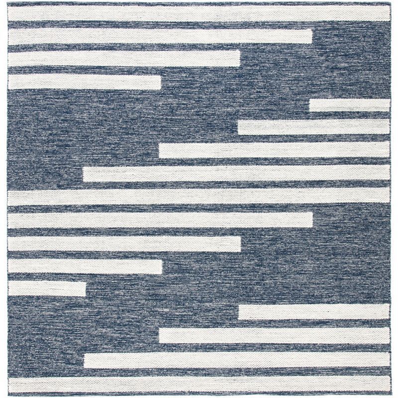 Ivory and Navy Striped Wool Cotton Square Rug
