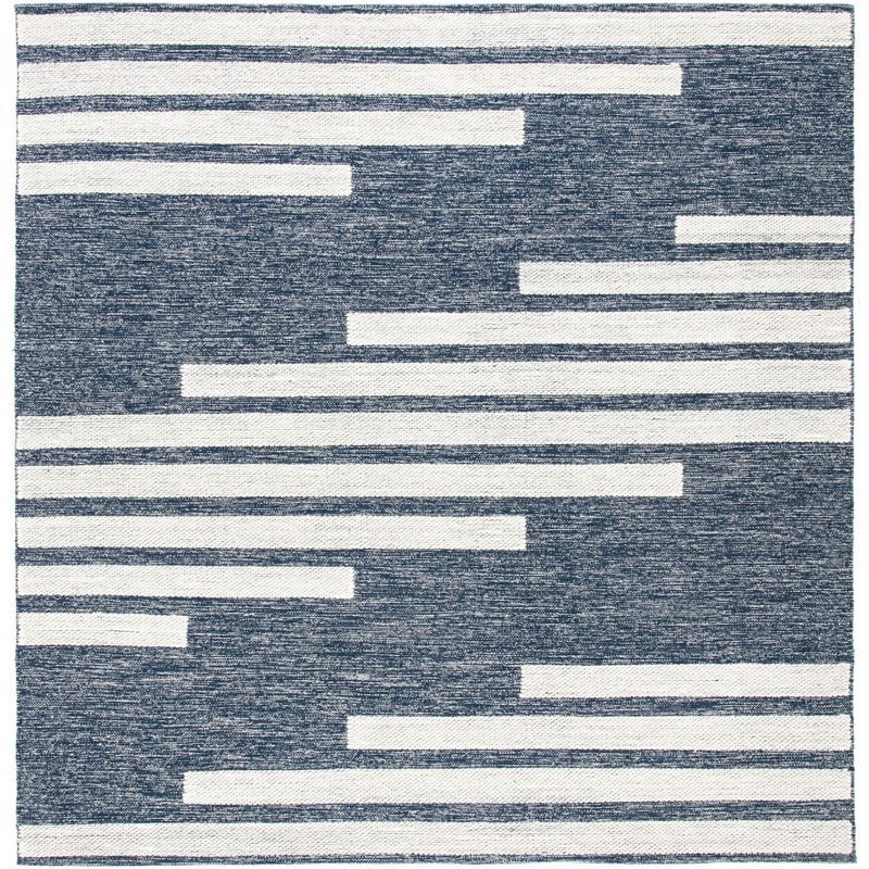 Ivory and Navy Striped Kilim 7' Square Wool-Cotton Rug