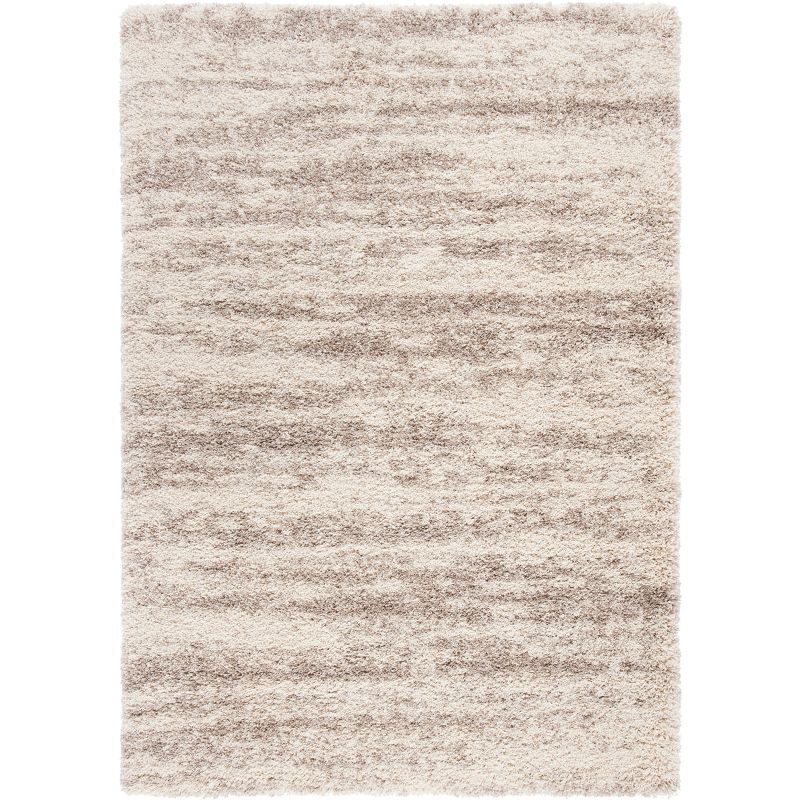Ivory and Beige Rectangular Abstract Shag Area Rug, 5'3" x 7'6"