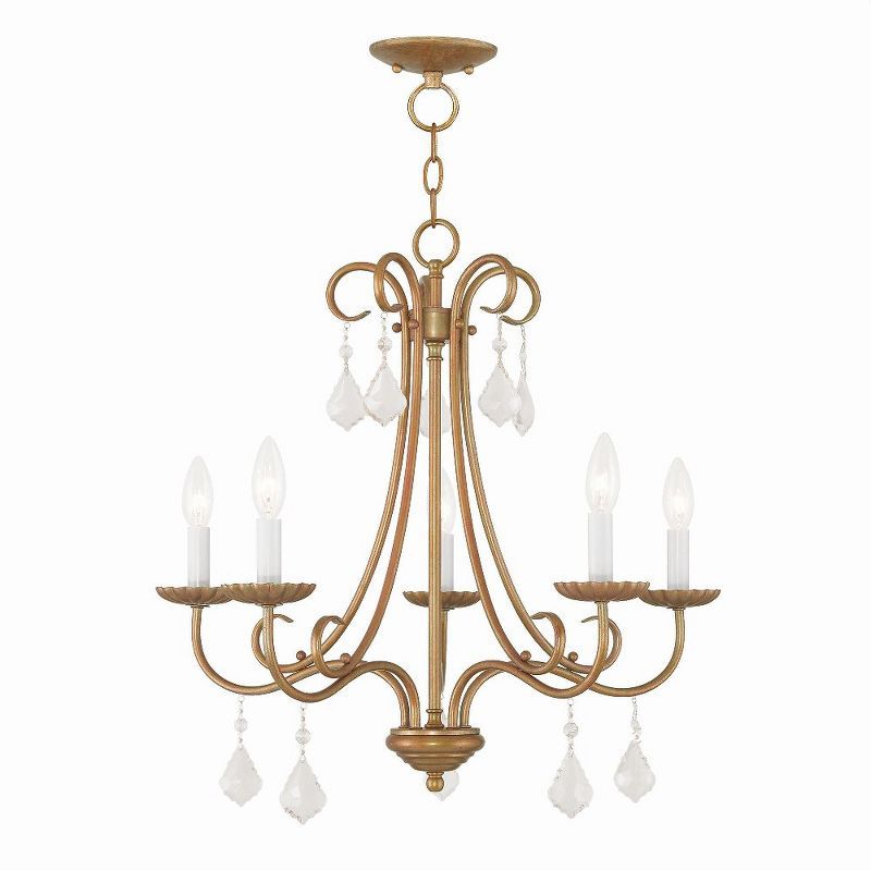 Antique Gold Leaf 5-Light Chandelier with Teardrop Crystals