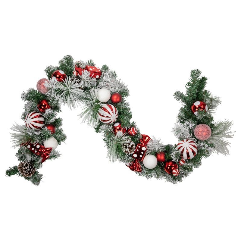 Flocked Pine Artificial Christmas Garland with Red Ornaments, 6 Feet