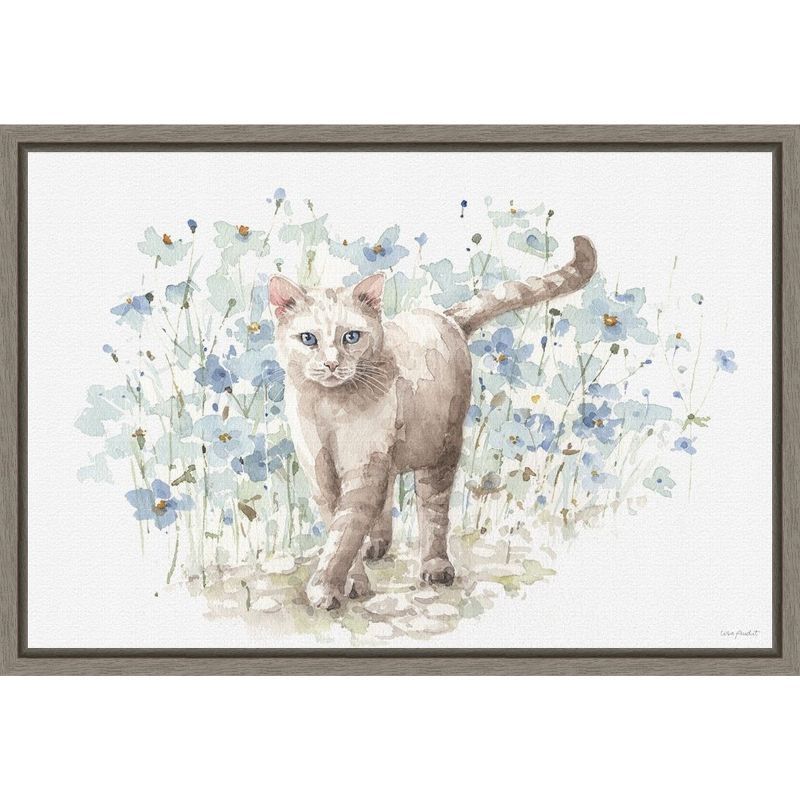 Bohemian Blue Cat Canvas Wall Art Print with Gray Frame