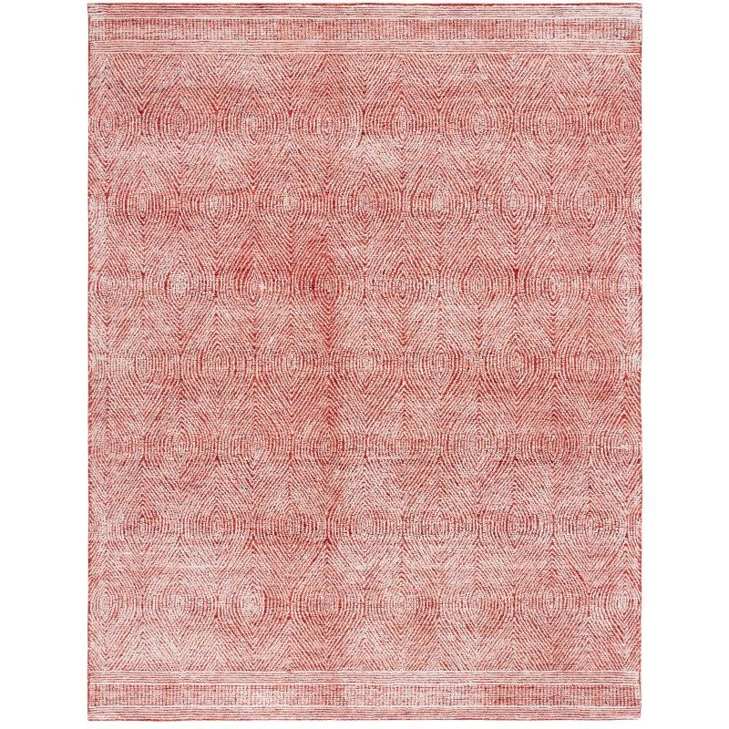 Ivory and Red Abstract Handmade Wool Area Rug, 8' x 10'