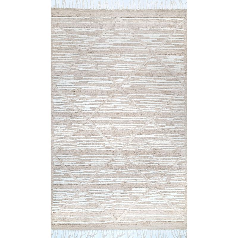 Handmade Geometric Shag Wool-Cotton Area Rug, 5' x 8', Beige