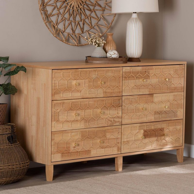 Natural Rubberwood 6-Drawer Honeycomb Dresser with Cone Legs