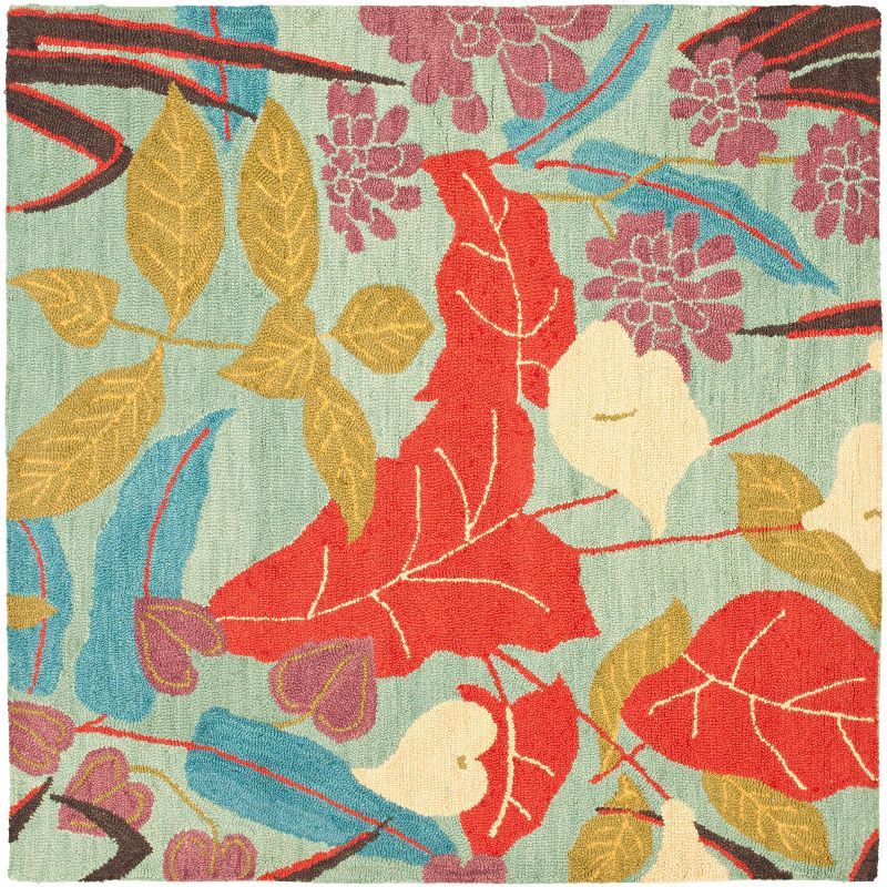 Handmade Blue Floral Wool Square Area Rug, 6'x6'