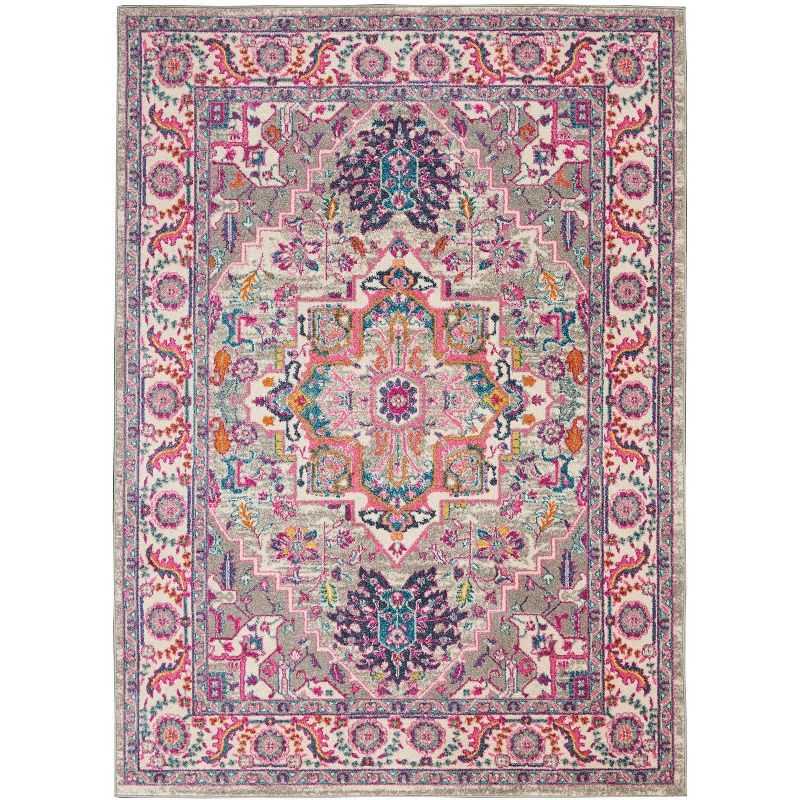 Light Grey and Pink Geometric Medallion Area Rug