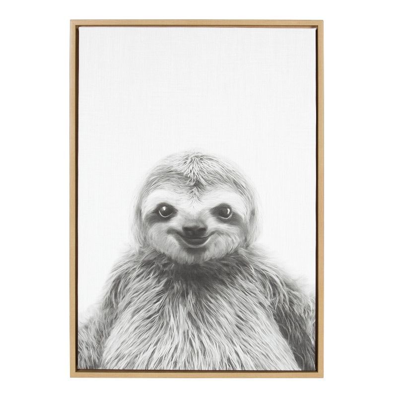 Natural Wood Framed Black and White Sloth Canvas Print