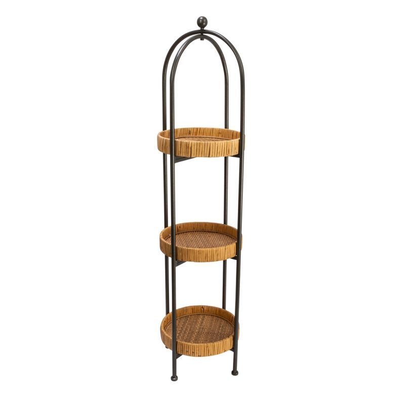 Black Iron Arched Plant Stand with Natural Rattan Trays