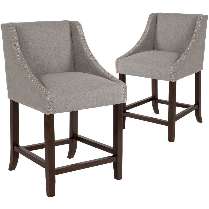 Walnut Counter Height Stools with Light Gray Fabric and Nailhead Trim - Set of 2