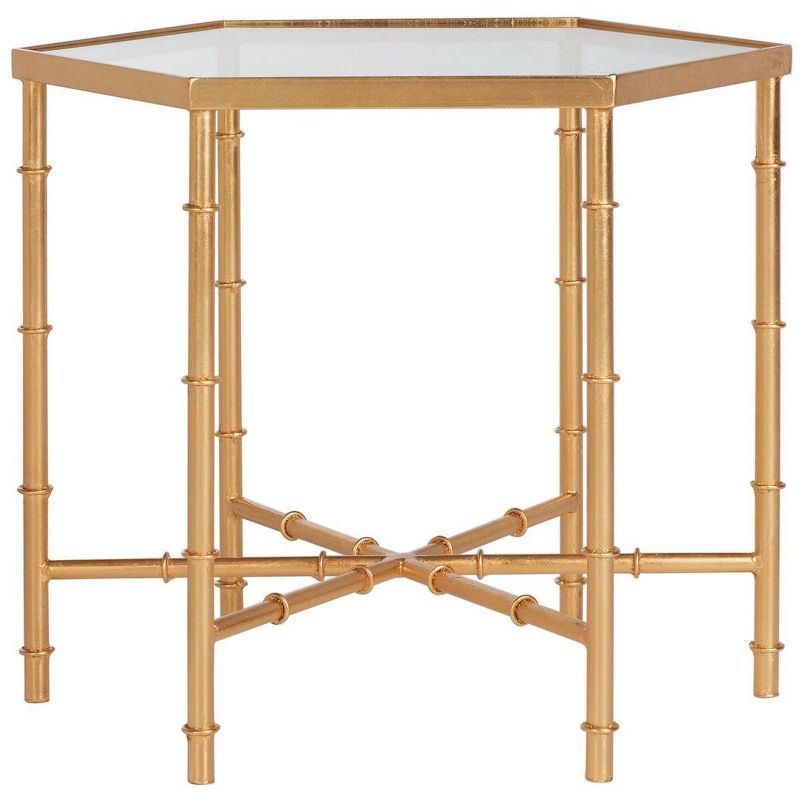 Gold Faux Bamboo Metal and Glass Accent Table